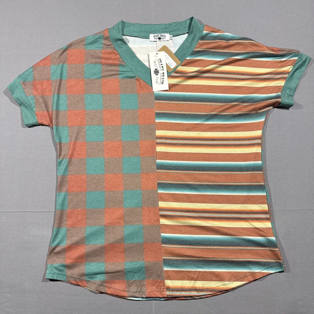 Crazy Train XL Women's Aztec Geometric Print Scalloped Orange Rust Green Teal